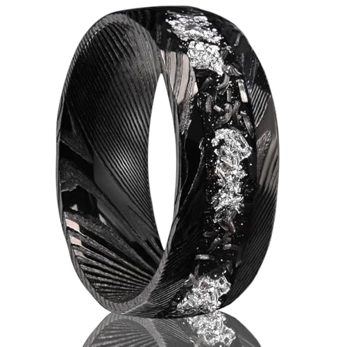 Black Damascus Steel Rings for Men Women 8mm Hammered Inlaid Silver Foil and Meteorite Men's Engagement Wedding Bands Stylish Suitable for Anniversary
