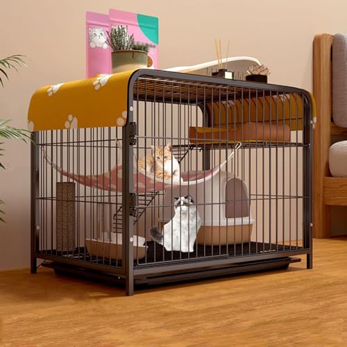 猫 ケージ 2段式キャットケージ 屋内用大型ペットクレート 引き出し式トレイ付き 取り外し可能なキャットプレイペン キャットリーペン ペットエンクロージャー ランプ はしご ハンモック付き 1〜2匹の猫に最適(ブラック,77*53*58cm)