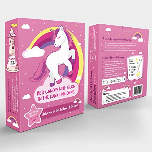 Image of Pink Canopy for Girls Bed with Pre-Glued Glow in the Dark Unicorns - Princess Mosquito Net Room Decor - Kids & Baby Bedroom Tent with Galaxy Lights - 1 Opening Canopy Bed & Hanging Kit Included
