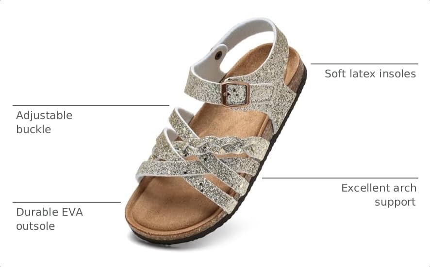 Image of Torotto Girls Sandals with Cork Footbed Adjustable Buckle Casual Slides Sandals Open Toes Flat for Kids Toddler