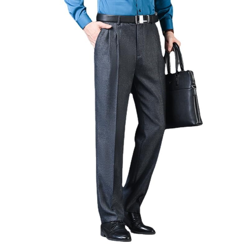 Men's Classic Fit Regular Dress Pants Spring and Autumn Double Pleated Loose Trousers High Waisted Without Ironing