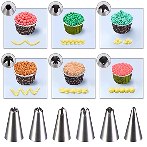 Foto von HAKACC Einweg Spritzbeutel Set, 100 Stück Spritzbeutel mit 6 Edelstahl Tüllen, 1 Adapter und 1 Clip, Backzubehör für Weihnachtsbäckerei, Cupcakes, Kuchen Deko und Gebäck