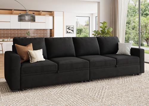 Image of HONBAY Modular Sectional Sleeper Sofa Bed, with Pull Out Bed, Linen Convertible Sectional Couches for Living Room - Black