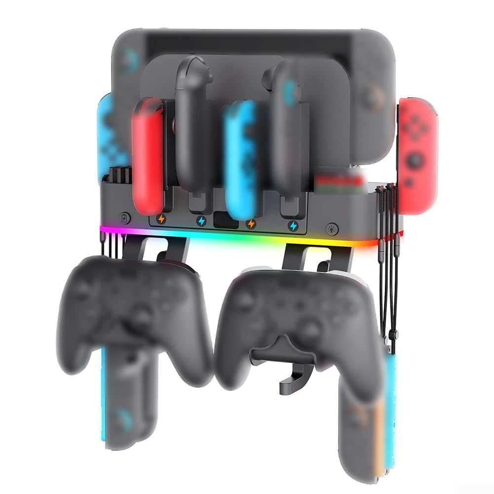 Zoegneer Supporto da parete di ricarica multifunzionale per controller Nintendo Switch 2 con effetti RGB Supporto compatto in ABS nero 16,5 x 8,2 x 27 cm
