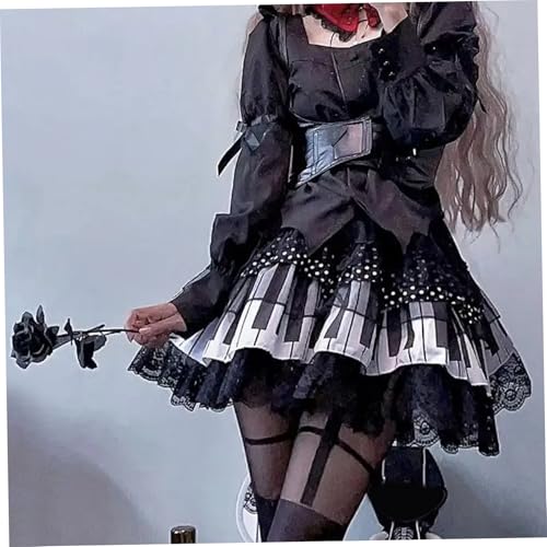 Piano Skirt, Womens Piano Key Trendy Lace Pleated Cute Skirts with Elastic Waist, Black and White2