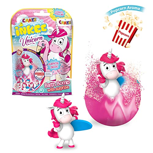 CRAZE INKEE Pack de 3 Bombas de baño para niños con figura Sorpresa de Unicornio Beach, Bombas de baño con aroma a palomitas, Color rosa , 80g, 3 de 6 diseños unicornios en la playa,Sin Gluten