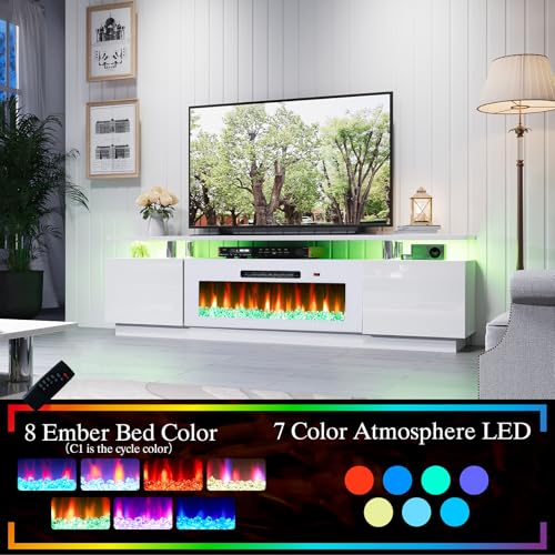 Image of AMERLIFE 80 inch High-Gloss Fireplace TV Stand with 40 inch Electric Fireplace | White LED TV Console, Modern Living Room Entertainment Center, Fits TVs up to 90 inch, 2 Cabinets, 2-Tier Storage Space
