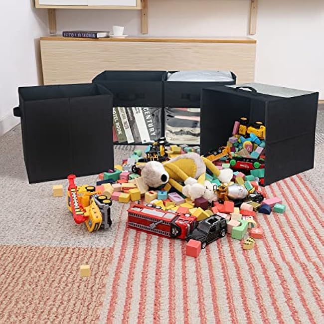 Cube Storage Bin 4 Pack with Clear Window Large Boxes Basket with Handles Fabric Closet Organizer 13 x 13 x 13 Black