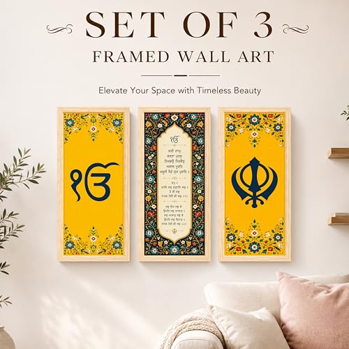 Image of Sikh Wall Art Painting for Living Room, Ik Onkar Mantra, Set of 3 Vastu Wall Art for Home Decor for Living Room, Bedroom, Hallways, Office, Hotel (Size-24x48 cm)