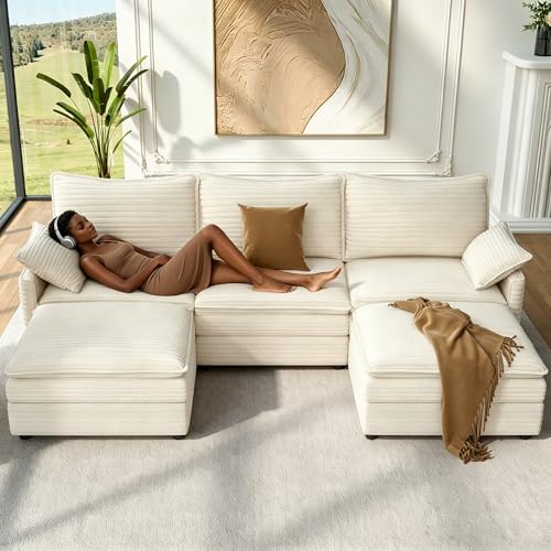 Image of Vesgantti 108 inch U Shaped Cloud Sectional Sofa, Comfy Corduroy Upholstered Sectional Modular Sofas for Living Room, Modern Modular Couch with 2 Ottoman Deep Seat, Dark Grey