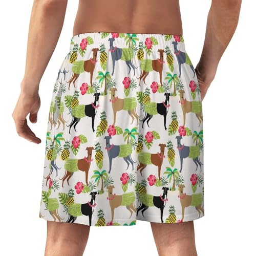 Tropical Palm Tree Hula Dancer Dog Greyhound Pattern Men's Satin Pajama Boxer Shorts Silk Feeling Lounge Sleep Underwear3