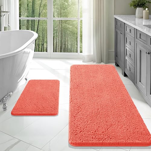 Image of OLANLY Bathroom Rugs Sets 2 Piece, Soft Absorbent Chenille Bath Mats Area Rug Set, Non-Slip, Quick Dry, Machine Washable Bath Mats for Bathroom, Home Decor Accessories (47 inchx20 inch+24 inchx16 inch, Coral)