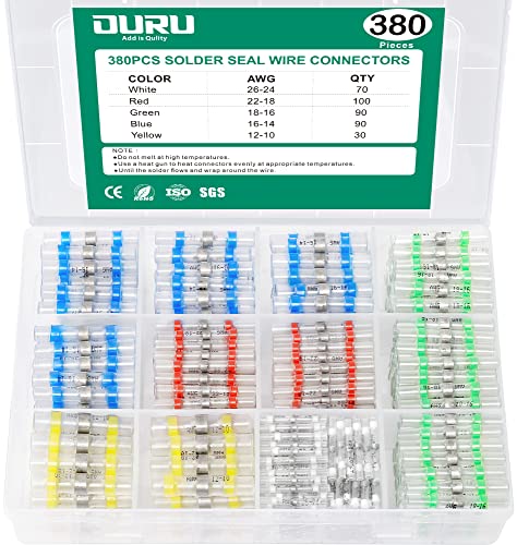 OURU 380 PCS Solder Seal Wire Connector Kit,26-10 AWG Waterproof Wire Connector Marine Grade Heat Shrink Butt Terminal Electrical Connectors