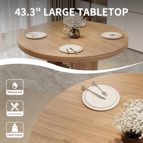 Image of Modern Round Dining Table Set for 4, 43.3 inch Walnut Wood Kitchen Table with 4 Black PU Leather Chairs, Mid-Century Circular Dinner Table with Heavy-Duty Iron Pedestal Base, Small Space Furniture