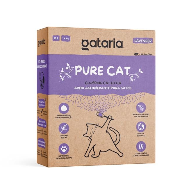Gataria Pure Cat - Arena Vegetal para Gatos Ultra aglomerante (cáscaras de Guisante) 10 L (Lavanda)