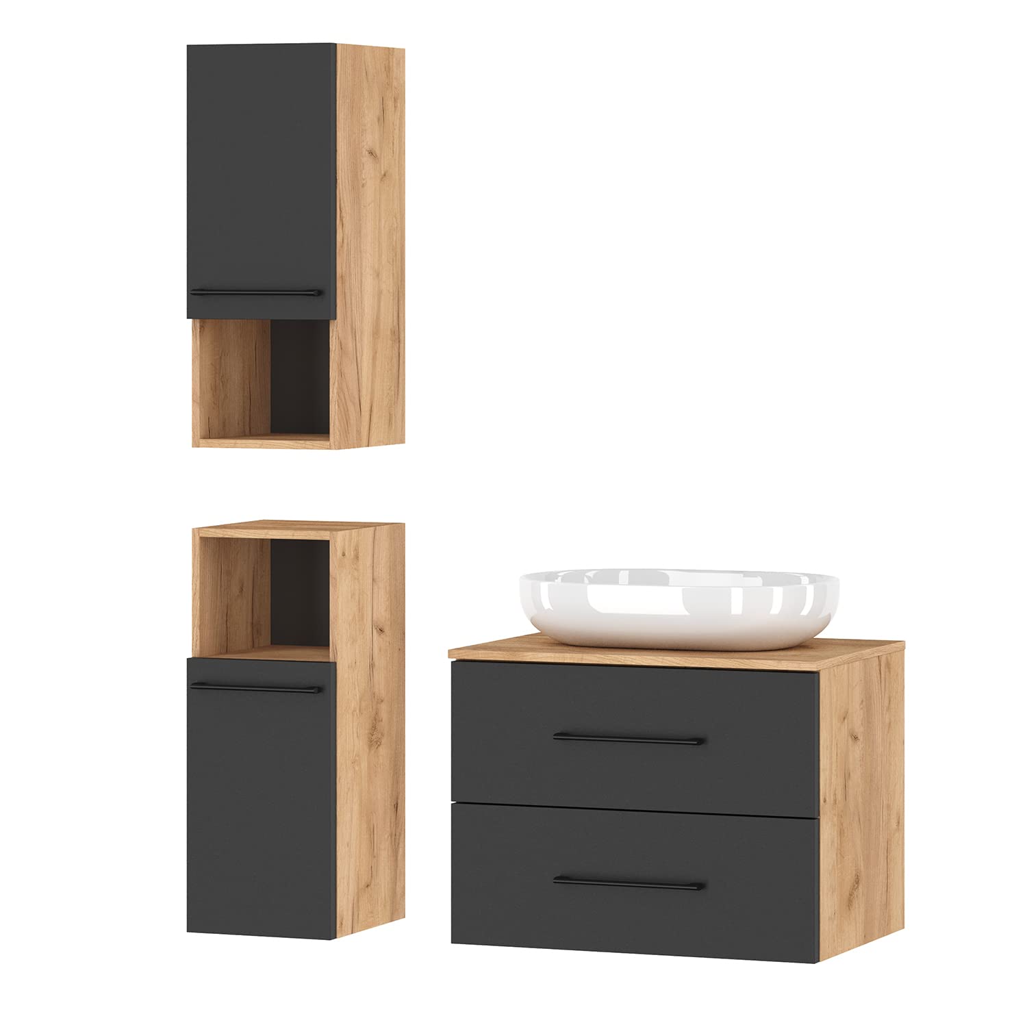 Planetmöbel Juego de Muebles de baño Lux 70 cm de Color Dorado Roble/Antracita sin Lavabo con 2 armarios Midi Dorados Roble/Antracita