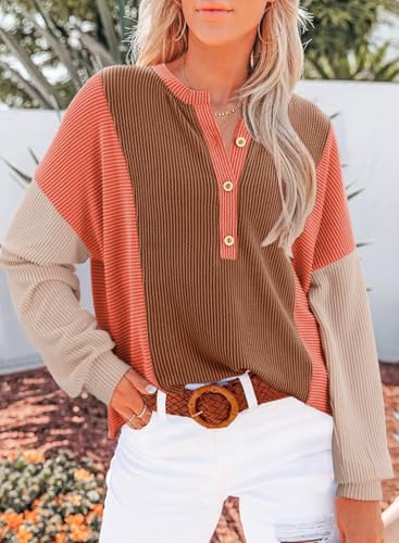 Dokotoo Womens Casual Color Block Knitted Long Sleeve Shirts for Women Loose V Neck Button Down Pullover Blouses Tops4