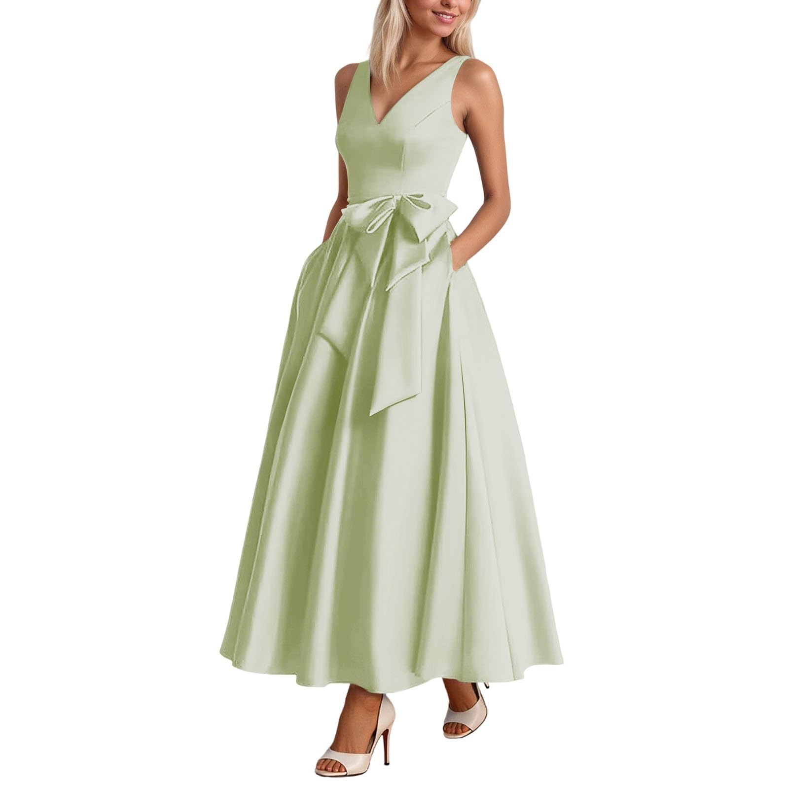 Abendkleid Damen Elegantes Satin Kleid Festliche Cocktailkleid Ansprechendem Ballkleid Bequemer A-Linie Partykleid Lang Brautjungfernkleider Verlobungskleid Wickelkleid Promkleider