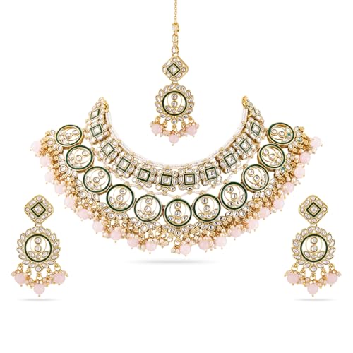 Image of Rubans Necklace Maangtikka Set Gold Plated Kundan & Pearl Jewellery Gift for Women & Girls