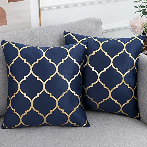 Cheekywares 2er Set Kissenbezüge Marineblau Abstrakt Geometrische Goldprägung Marokkanischen Quatrefoil Dekokissenbezüge…