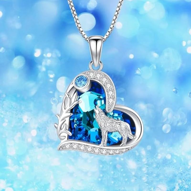 Howling Wolf Necklace - Silver Pendant With Blue Ocean Heart Stone Charm - Birthday Gift for Her, Women's Jewelry for Wolf Lovers4