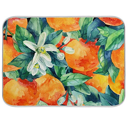 Tarity Watercolor Orange Dish Drying Mat for Kitchen Counter Absorbent Heat Resistant Microfiber Dishes Drainer Mat 18x24 in Large Dish Pad Sink Mat Protective Pad Kitchen Decor