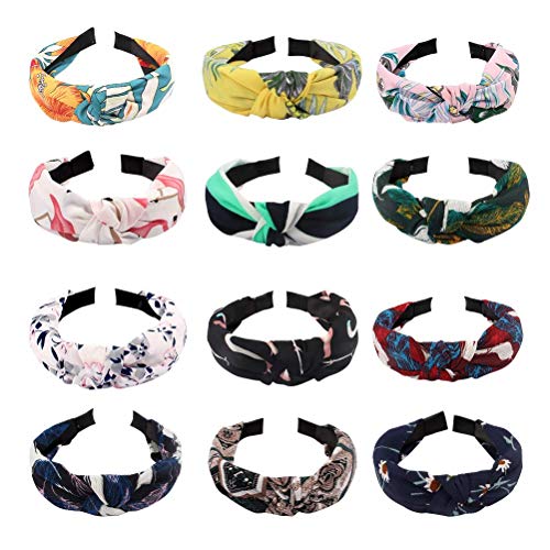 VELSCRUN 12 PCS Wide Headbands Knot Turban Headbands Elastic Hair Band Fashion Hair Accessories for Women, 12 Printed Colors