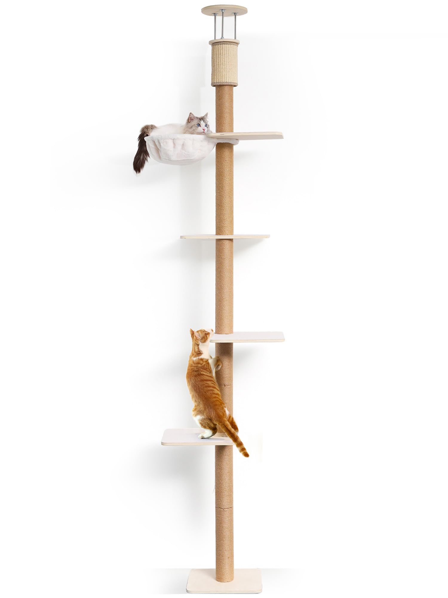 FUKUMARU Kratzbaum, 4 Etagen bis zur Decke reichender Katzenturm(250-274cm), wandmontierter Katzenbaum, aus robuster Multiplexplatte und Jute, mit gemütlicher Hängematte，beige