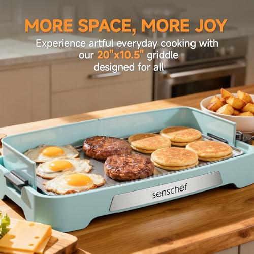 Image of Cleansnap Everyday Electric Griddle,The Ultimate Gift for Family Feasts - 20 inch Nonstick Grill with Foldable Anti-Mess Shield, Rapid 1700W Heat & PPG Ceramic Coating, Dishwasher Safe, Saga Blue