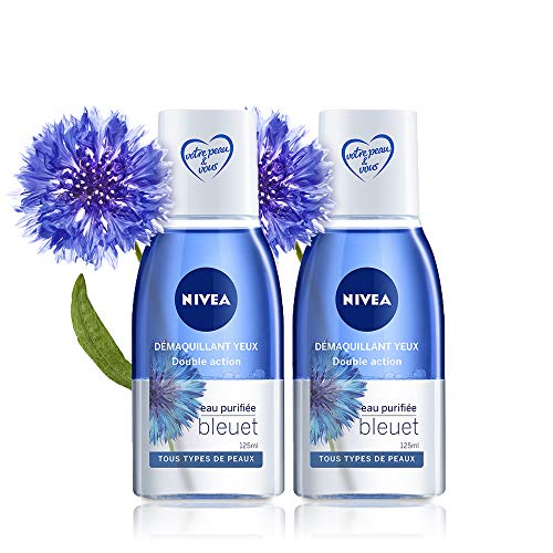 NIVEA Double Action Cornflower Eye Makeup Remover (2 x 125 ml), Two-Phase Facial Cleanser Enriched with Purified Water, Waterproof Makeup Remover for Women for All Skin Types