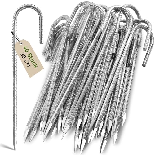 Graxury 40 Stück 30cm Schwere Trampolin-Zeltanker-Bodennägel - Verzinkter Stahl Rostfrei J-Haken-Rebar-Pfähle passend für Trampoline, Camping, Gartenschuppen, Schaukeln mit Meißelspitzenende
