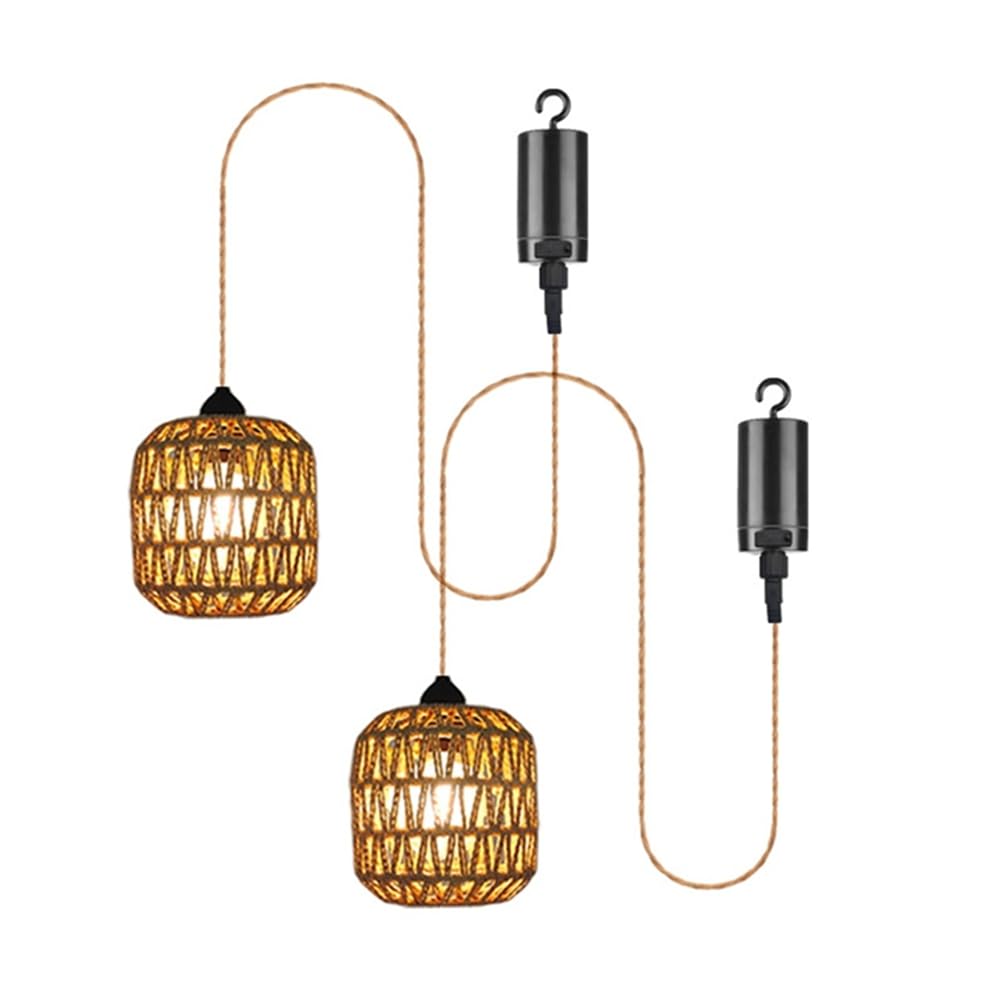Vjsujehgy 2pcs Battery Power Pendant Light Woven Rattan Pendant Light for Gazebo, Pergola, Porch, Indoor and Outdoor Decor