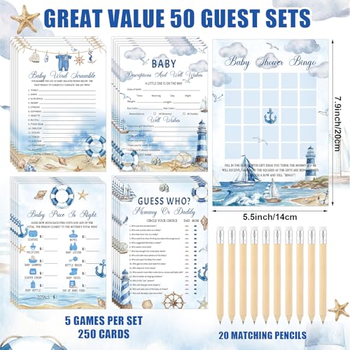 Image of Patelai 321 Pcs Ahoy It's a Boy Baby Shower Game Supply for Girl or Boy 5 Set Include 50 Activity Card 20 Pencil 1 Don't Say Baby Sign 50 Nautical Clothespin for Price Prediction Bingo Decor