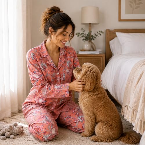 Image of Huar Women Pajama Set, 4 pcs Button Down Vacation Beach Cotton Set, Lounge wear PJ Set For Birthday
