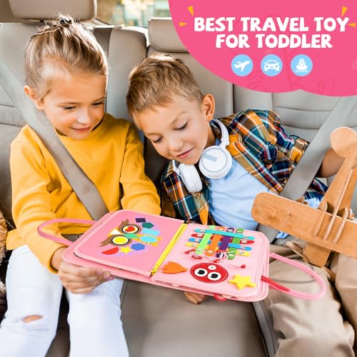 Image of Toddler Busy Board, Montessori Sensory Toys for Boys, 3-8 Year Old Girl Toddler Travel Toys, Educational Learning Activities Board for Motor Skills, Birthday Gifts for Airplane Car, Pink