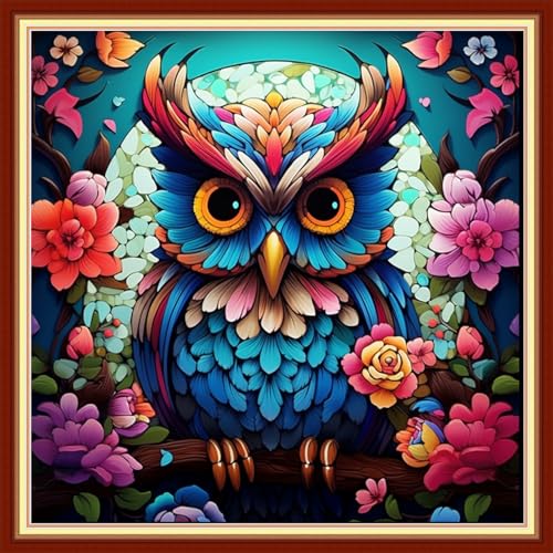 Image of Joyhoor Cross Stitch Kits for Beginners Stamped Cross-Stitch Supplies Needlework preprint Embroidery Kits for Adults DIY Needlepoint Kits Embroidery Patterns 11CT-Colorful Owl 18.x18 inch