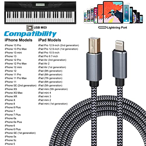 lightning to midi cable usb otg type b cable for select iphone ipad models for midi controller electronic music instrument midi keyboard recording audio interface usb microphone 6ft