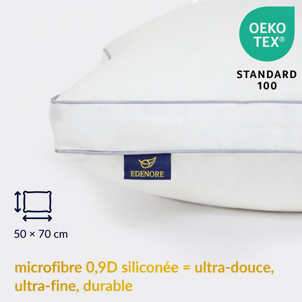 Oreiller 50x70 Lot de 2 - Oreiller rectangulaire | Microfibre 0,9D Effet Duvet | Housse 100% Coton | Soutien Durable et Confort Moelleux | Confort hôtel 5 étoiles