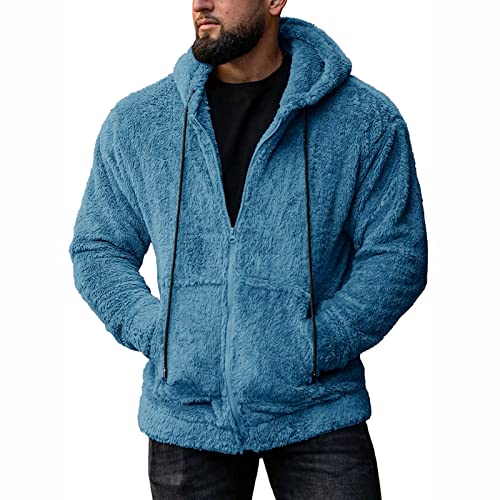 Générique Veste Pyjama Homme Hommes décontracté automne solide à capuche fermeture éclair à manches longues poche manteau avec cordon de serrage lâche chaud en Plaid Pull Polaire Homme, Bleu