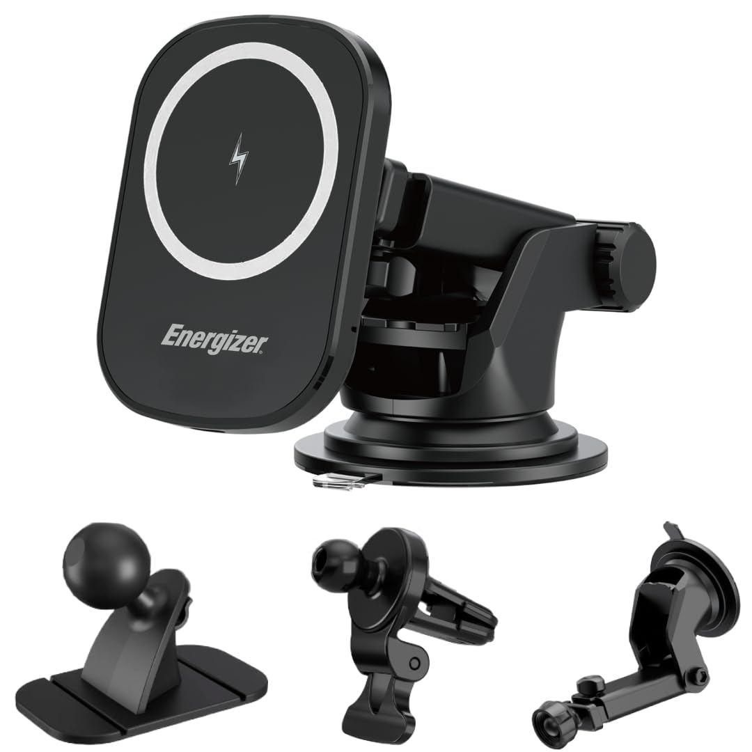 Energizer Caricatore Wireless Auto Magnetico con Ricarica da 15W | Supporto Auto MagSafe per iPhone e Android | Vari Accessori da Installazione su Cruscotto o Bocchette Aria, Sicura e Stabile - ECA007