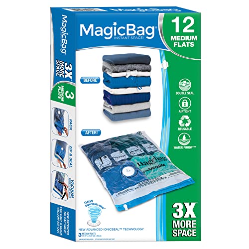 MagicBag Smart Design Instant Space Saver Storage - Flat Medium - Set of 12 Bags Total - Airtight Double Zipper - Vacuum Seal - Clothing, Pillows - Home Organization