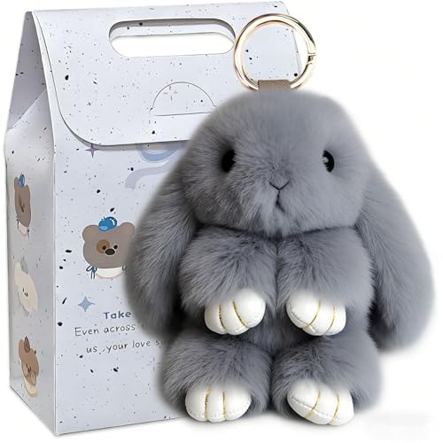 Qivorimith Keychain Clip Keyring Cute Rabbit for Men Women Key Chain Ring Holder Organizer for Home Car Keys Leather Handbags(Grey)