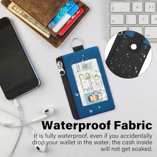 Image of Minimalist RFID Wallet with Lanyard, Multi-Functional ID Case with 2 Zipper Pockets and Key Chain for Men and Women, Tactical Badge Pouch Cards Holder, Coin Purse for Travel Sports-Black+Blue