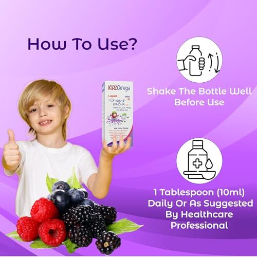 Image of HealthAid KidzOmega Syrup - Omega-3 DHA with Vitamins C, D & E | 200ml Mixed Berry Flavor | Supports Brain, Vision & Immune Health | Easy-to-Take Liquid Supplement for Children