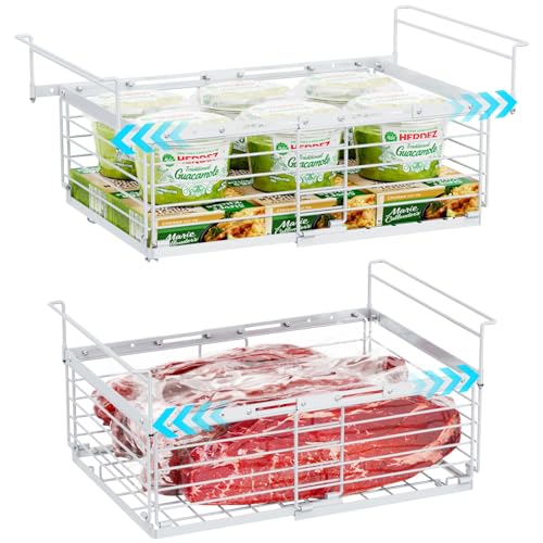 iSPECLE Chest Freezer Baskets For 283L - 566L Deep Freezer 2 Pack Expandable Hanging Freezer Organiser Easy Slide to Access Bottom Food Heavy-Duty Metal Units for Bulk Storage White