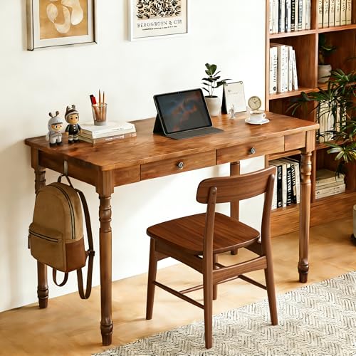 Image of 100% Solid Wooden Desk with Drawers - 47.2 inch Mid Century Modern Desk with 2 Hooks, Vintage Writing Desk with Drawers, Simple Work Study Table for Bedroom & Home Office - Walnut Color