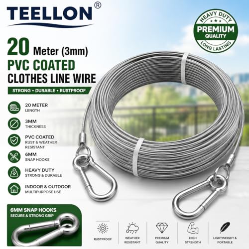 Image of 20 Meter (3mm) Heavy Duty Stainless Steel Clothesline Wire Rope with Carabineer Hooks, Portable Rustproof Laundry Drying Rope Cable for Balcony Garden Home Indoor Outdoor Uses (20 Meter)