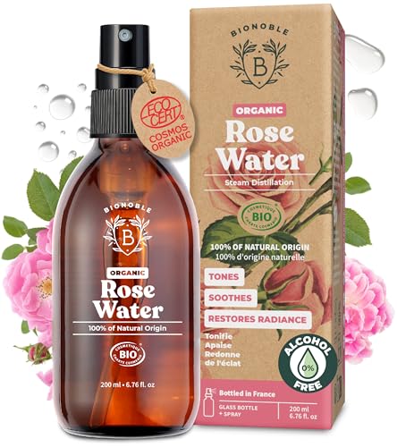BIONOBLE Organic Rose Water Spray - Tonifies Calms Boosts Radiance - 100% Natural Hydrolat Alcohol-Free - Vegan Rose Water for Face Hair Eye Contour Body - Glass Bottle - 200ml