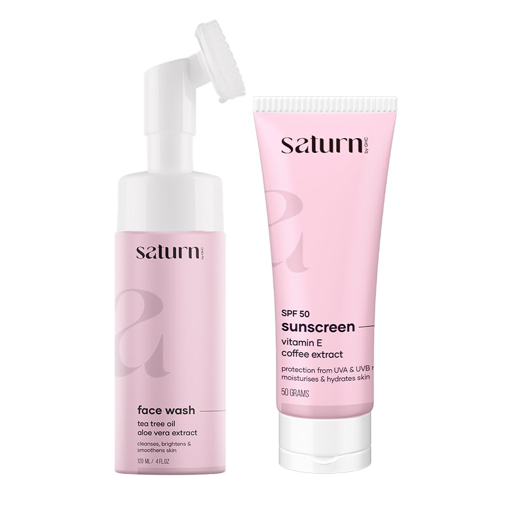 Saturn by GHC Skin Care Set: Foaming Face Wash 120ml and Anti-Pollution Sunscreen Cream SPF 50 50gm | Broad Spectrum UVA & UVB Protection | Hydrates Skin, Controls Acne, and Deep Cleansing