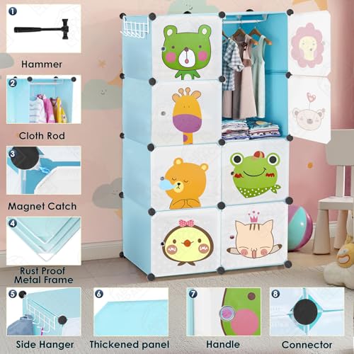 Image of ABOUT SPACE Plastic Kids Wardrobe - DIY 8 Cube Kids Almirah with Cartoon Door, Side Hanger, Cloth Hanger, Door Magnet & Hamer - Collapsible Organizer| Storage for Baby Clothes Boys Girls - Blue